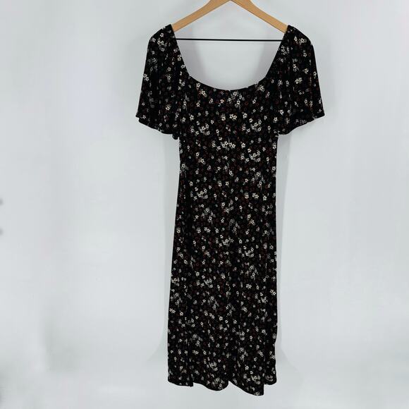 Lush Black Brown Floral Maxi Dress Flutter Sleeve V-Neck Size Medium - Picture 2 of 6